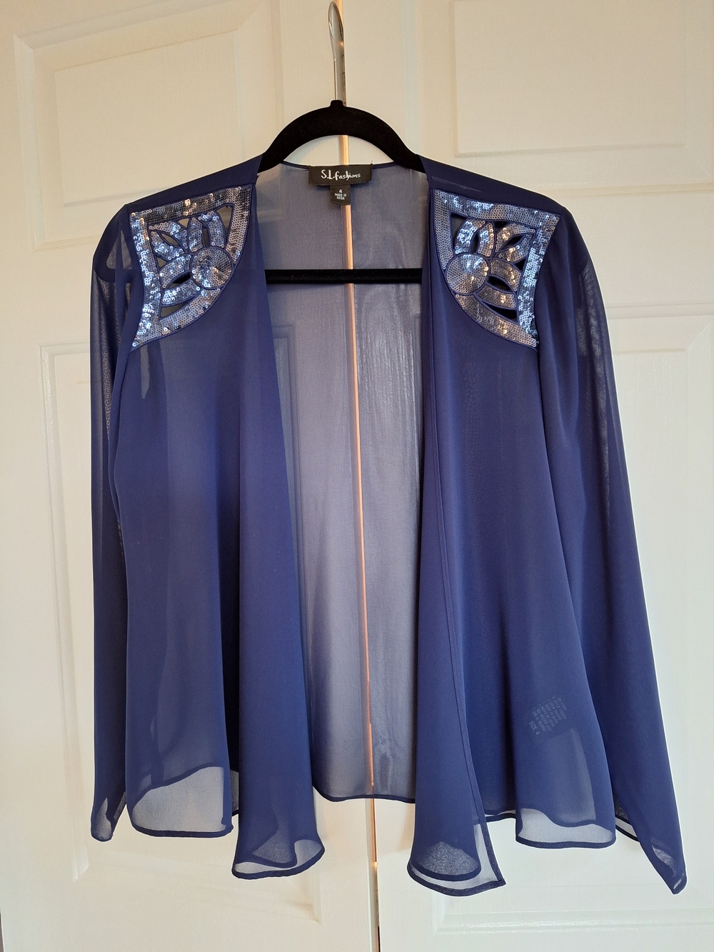 SL Fashions Sheer Navy Blue Sequin Shoulder Kimono